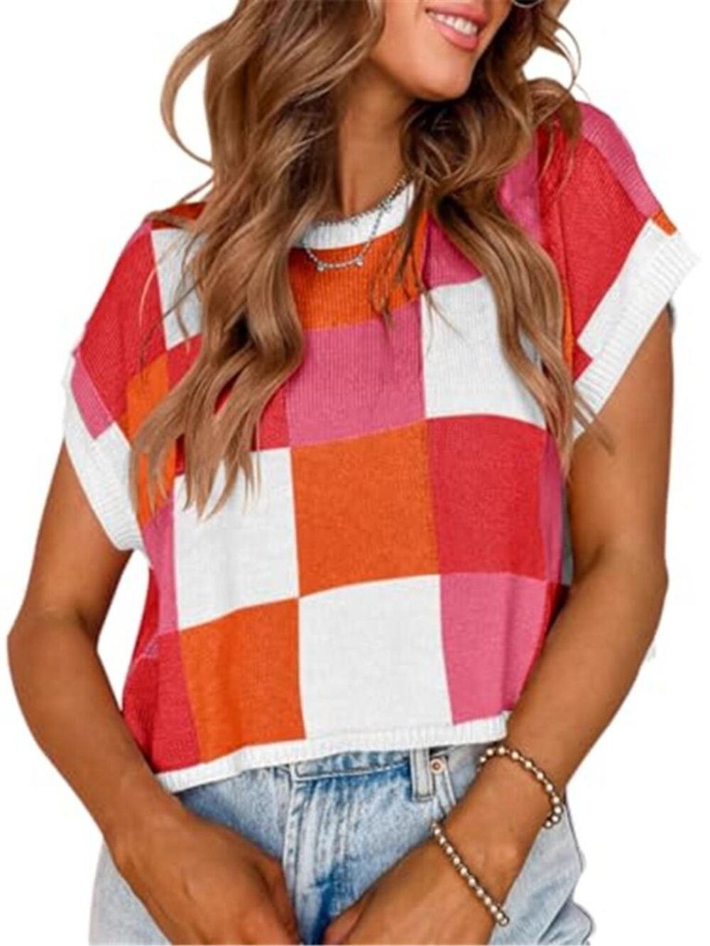 Womens Color Block Crop Sweater Top Short Sleeve Crew Neck Knit Summer Casual